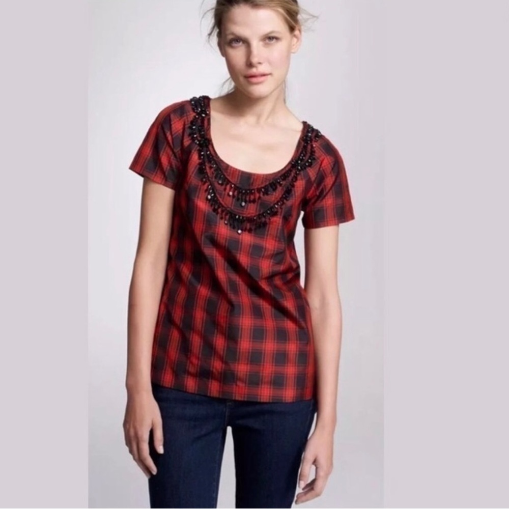 J. Crew | Silk with Beaded Collar Buffalo Check Blouse, Size 2